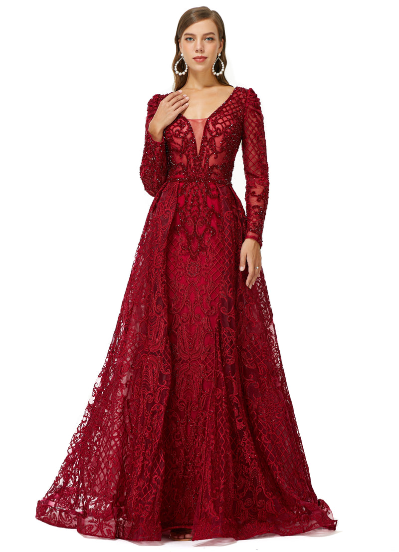 Ballbella Design | Sparkle Beaded Wine Red Long Sleeves Prom Dresses-Ballbella