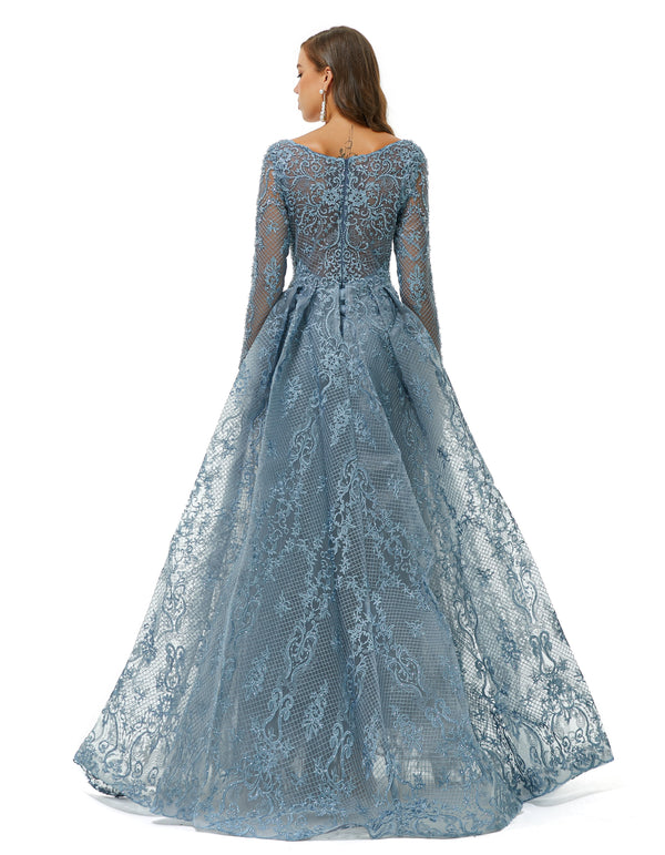 Ballbella Design | Sparkle Dusty Blue Beaded Mermaid Long sleeves Prom Dresses with Overskirt-Ballbella