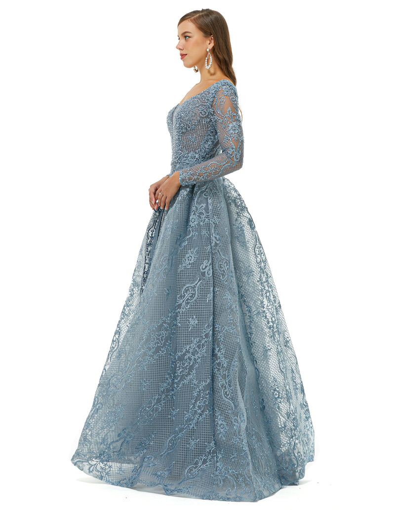 Ballbella Design | Sparkle Dusty Blue Beaded Mermaid Long sleeves Prom Dresses with Overskirt-Ballbella