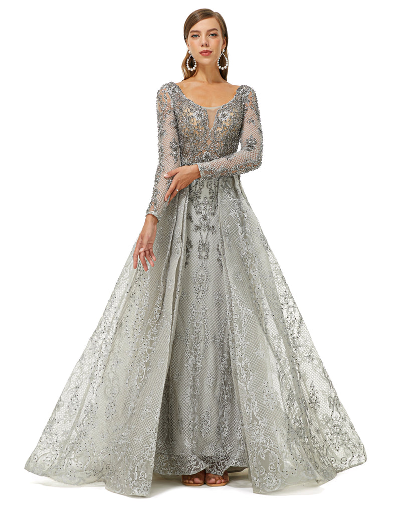 Ballbella Design | Sparkle Dusty Blue Beaded Mermaid Long sleeves Prom Dresses with Overskirt-Ballbella