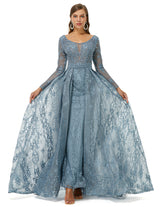Ballbella Design | Sparkle Dusty Blue Beaded Mermaid Long sleeves Prom Dresses with Overskirt-Ballbella