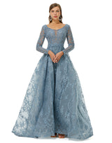 Ballbella Design | Sparkle Dusty Blue Beaded Mermaid Long sleeves Prom Dresses with Overskirt-Ballbella