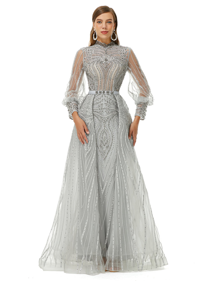 Ballbella Design | Sparkle Gray Beaded Mermaid Long sleeves Prom Dresses with Overskirt, Gray / US2 Ballbella Design | Sparkle Gray Beaded Mermaid Long sleeves Prom Dresses with Overskirt, Gray / US2
