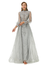 Ballbella Design | Sparkle Gray Beaded Mermaid Long sleeves Prom Dresses with Overskirt-Ballbella
