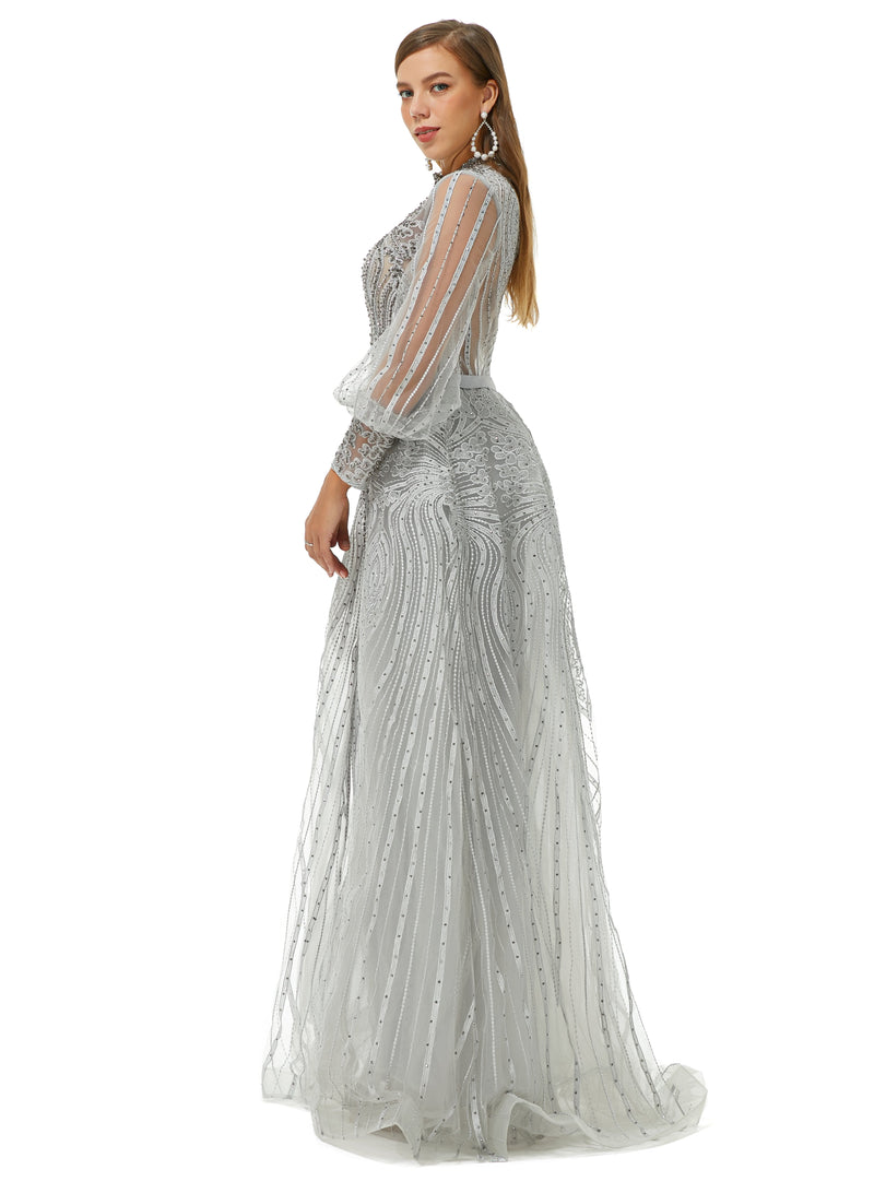 Ballbella Design | Sparkle Gray Beaded Mermaid Long sleeves Prom Dresses with Overskirt, Gray / US2 Ballbella Design | Sparkle Gray Beaded Mermaid Long sleeves Prom Dresses with Overskirt, Gray / US2