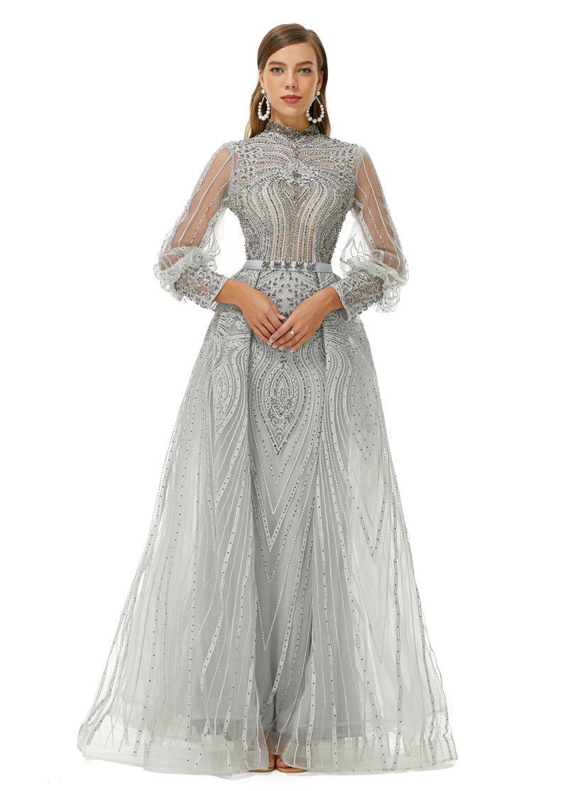 Ballbella Design | Sparkle Gray Beaded Mermaid Long sleeves Prom Dresses with Overskirt, Gray / US2 Ballbella Design | Sparkle Gray Beaded Mermaid Long sleeves Prom Dresses with Overskirt, Gray / US2