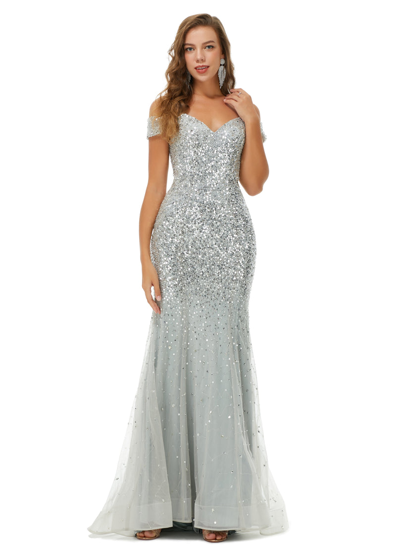 Ballbella Design | Sparkle Silver Mermaid Beaded Cap sleeves Off-the-shoulder Prom Dresses-Ballbella