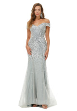 Ballbella Design | Sparkle Silver Mermaid Beaded Cap sleeves Off-the-shoulder Prom Dresses-Ballbella