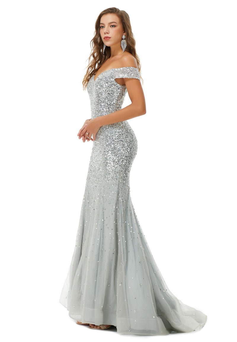 Ballbella Design | Sparkle Silver Mermaid Beaded Cap sleeves Off-the-shoulder Prom Dresses-Ballbella
