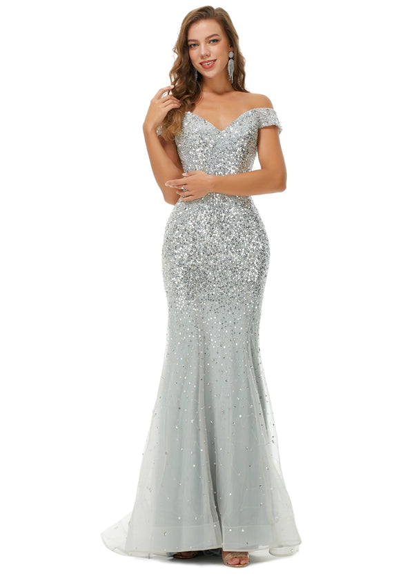 Ballbella Design | Sparkle Silver Mermaid Beaded Cap sleeves Off-the-shoulder Prom Dresses-Ballbella
