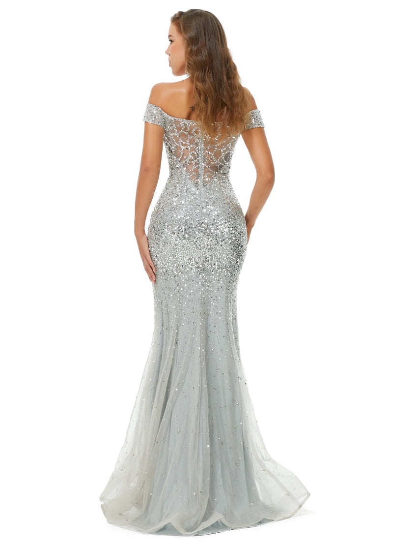 Ballbella Design | Sparkle Silver Mermaid Beaded Cap sleeves Off-the-shoulder Prom Dresses-Ballbella