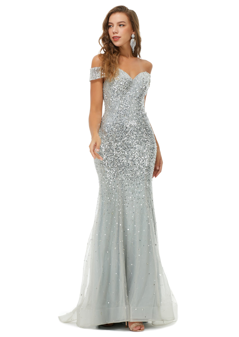 Ballbella Design | Sparkle Silver Mermaid Beaded Cap sleeves Off-the-shoulder Prom Dresses-Ballbella