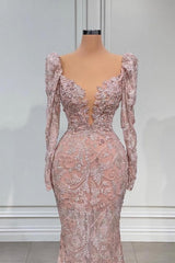 Ballbella Designer Pink V-neck Lace Mermaid Prom Dress Evening Gowns With Long Sleeves-Ballbella