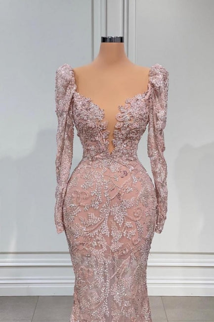 Ballbella Designer Pink V-neck Lace Mermaid Prom Dress Evening Gowns With Long Sleeves-Ballbella