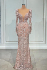 Ballbella Designer Pink V-neck Lace Mermaid Prom Dress Evening Gowns With Long Sleeves-Ballbella