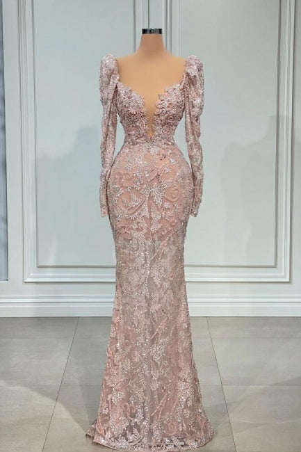 Ballbella Designer Pink V-neck Lace Mermaid Prom Dress Evening Gowns With Long Sleeves-Ballbella