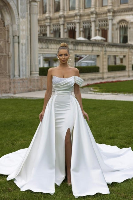 Ballbella Designer Satin Sleeveless Sequined Wedding Dress With Slit Off-the-shoulder-Ballbella