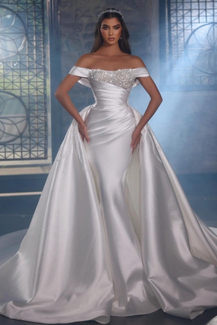 Ballbella Elegant Beading Sleeveless Wedding Gowns With Glitter Satin Off-the-shoulder-Ballbella