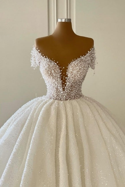 Ballbella Elegant Modern V-neck Wedding Gowns With Glitter Off-the-shoulder-Ballbella