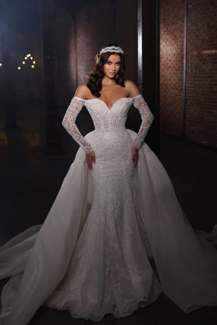 Ballbella Extravagant Lace Mermaid Wedding Gowns with Sleeves Off-the-shoulder-Ballbella