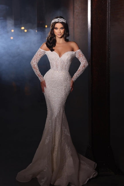 Ballbella Extravagant Lace Mermaid Wedding Gowns with Sleeves Off-the-shoulder-Ballbella