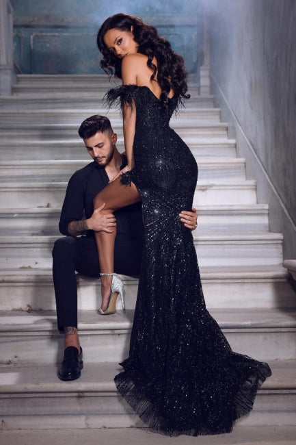 Ballbella Fabulous Black Lace Sequined Prom Dress With Slit Long Off-the-shoulder-Ballbella