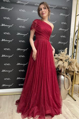Ballbella Fabulous Burgundy One Shoulder Sleeveless Prom Dress With Slit Long Glitter-Ballbella