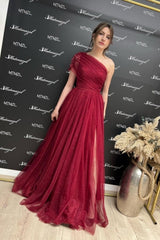 Ballbella Fabulous Burgundy One Shoulder Sleeveless Prom Dress With Slit Long Glitter-Ballbella