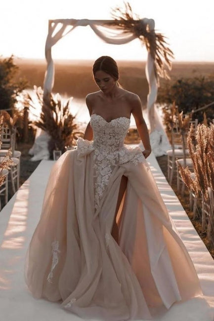 Ballbella Fabulous Champagne Tulle Wedding Gowns With Slit Lace Sleeveless-Ballbella