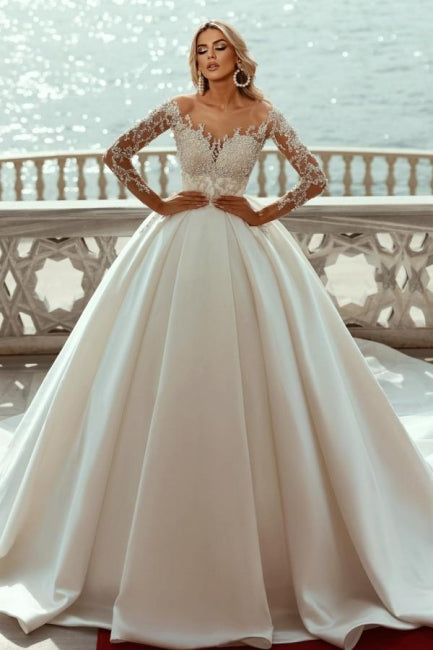 Ballbella Fabulous Modern Satin Wedding Gowns With Long Sleeves V-neck-Ballbella