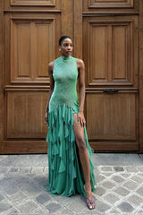 Ballbella Green Long Tulle Prom Dress Sleeveless with Split-Ballbella