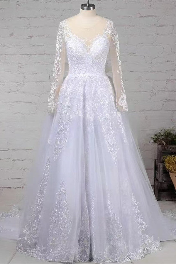 Ballbella Long Sleeves Scoop Wedding Dress Princess Lace Bridal Gown-Ballbella