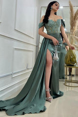 Ballbella Long Stain Off-The-Shoulder Slit Front Sweetheart Evening Dress with Lace-Ballbella