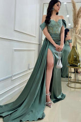 Ballbella Long Stain Off-The-Shoulder Slit Front Sweetheart Evening Dress with Lace-Ballbella