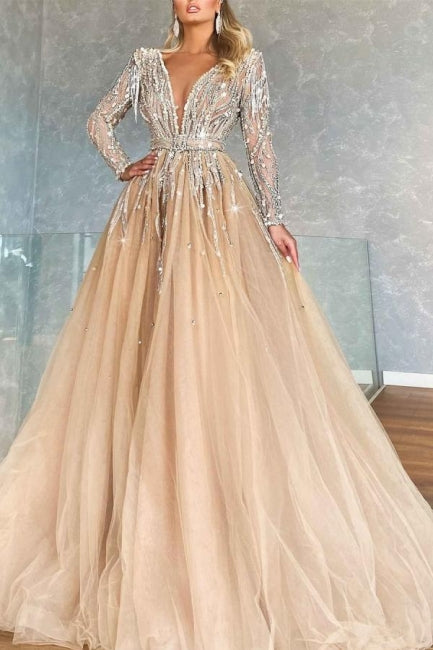 Ballbella Luxurious V-neck Ball Gown Prom Dresses With Beads Long Sleeves-Ballbella