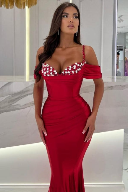 Ballbella Mermaid Red Spaghetti Straps Sweetheart Off-The-Shoulder Long Stain Evening Dress with Ruffles-Ballbella