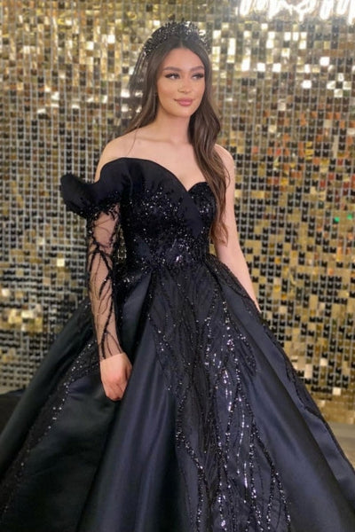 Ballbella Modern Black Wedding Gowns With Beads With Long Sleeve Ballbella Modern Black Wedding Gowns With Beads With Long Sleeve