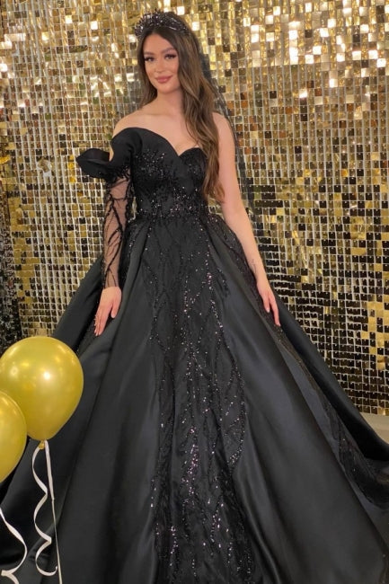 Ballbella Modern Black Wedding Gowns With Beads With Long Sleeve-Ballbella