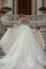 Ballbella Modern Lace Long Sleeves Mermaid Wedding Gowns With Detachable Train V-neck-Ballbella
