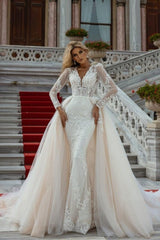Ballbella Modern Lace Long Sleeves Mermaid Wedding Gowns With Detachable Train V-neck-Ballbella
