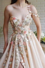 Ballbella Modern One Shoulder Flowers Prom Dress With Slit Long-Ballbella