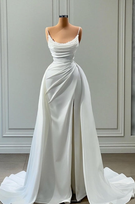 Ballbella Modern White Spaghetti Straps Wedding Gowns With Beads Long-Ballbella