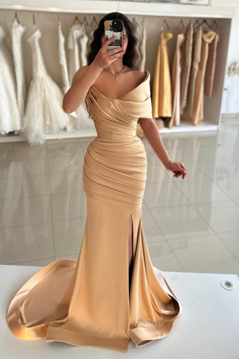 Ballbella One Shoulder Champagne Prom Dress Mermaid Slit Long-Ballbella