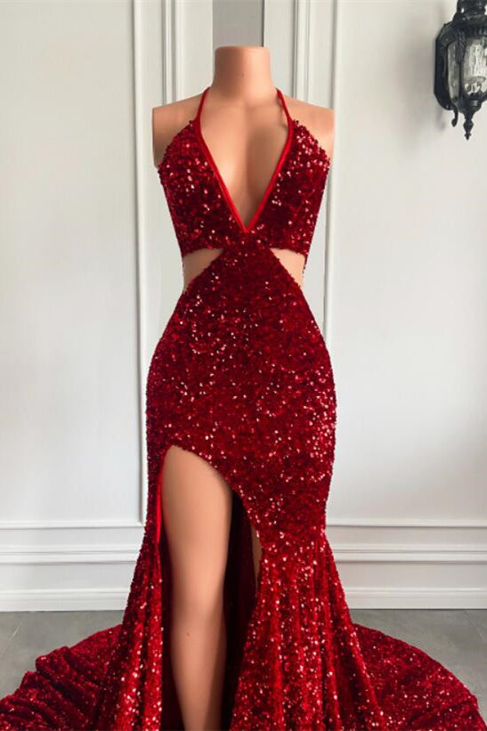 Ballbella Red Sequins Prom Dress High Slit Halter Ballbella Red Sequins Prom Dress High Slit Halter