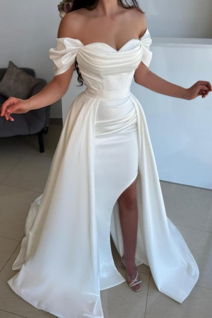 Ballbella Slit Front Off-The-Shoulder Sweetheart Stain Evening Dress with Ruffles-Ballbella