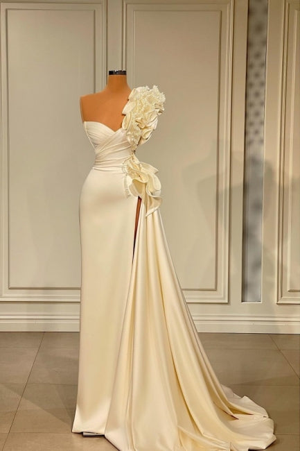 Ballbella Sparkly Ruffles Split Wedding Dress With Glitter Long White One Shoulder-Ballbella