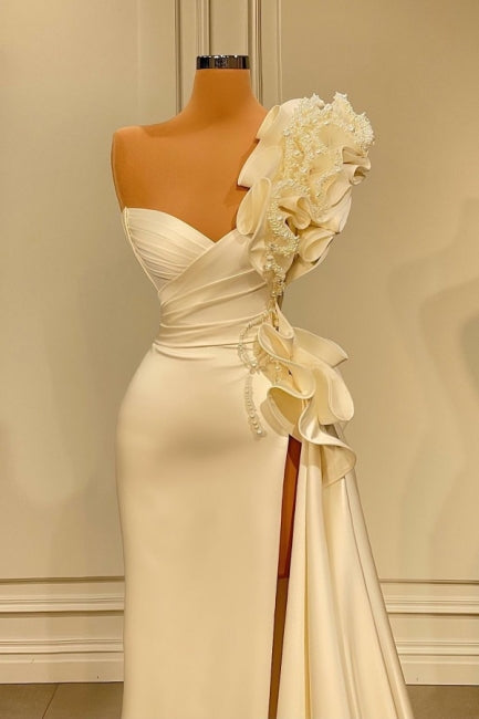 Ballbella Sparkly Ruffles Split Wedding Dress With Glitter Long White One Shoulder-Ballbella