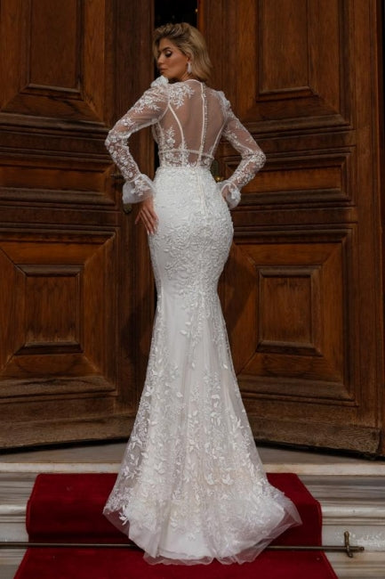 Ballbella Sparkly V-neck Lace Wedding Gowns With Long Sleeves Long Mermaid-Ballbella