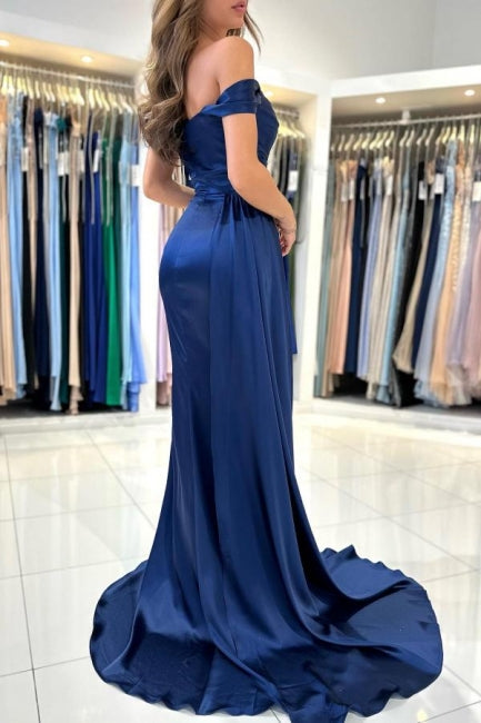 Ballbella Stain Royal Blue Sweetheart Slit Front Off-the-Shoulder Strapless Evening Dress with Ruffles-Ballbella