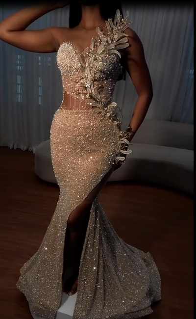 sweetheart strapless sequins long train mermaid prom dresses with sleeves Ballbella Sweetheart Mermaid Sequins Prom Dress Long With Slit